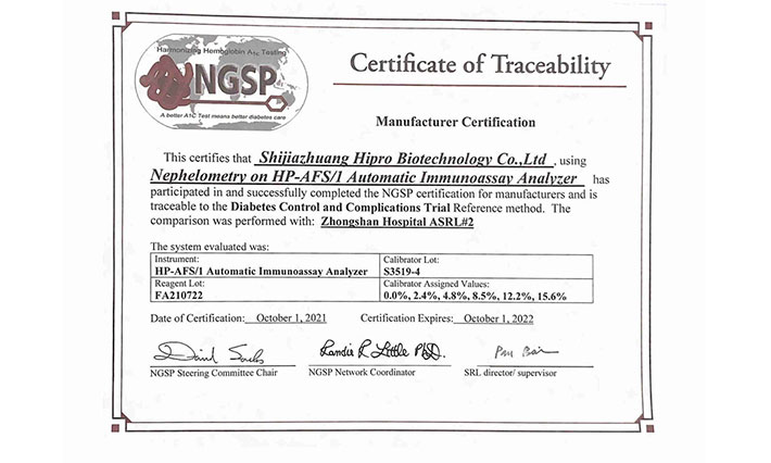 Good News/ Hipro® Glycosyclated Hemoglobin (HbA1c) Testing System Certified by NGSP